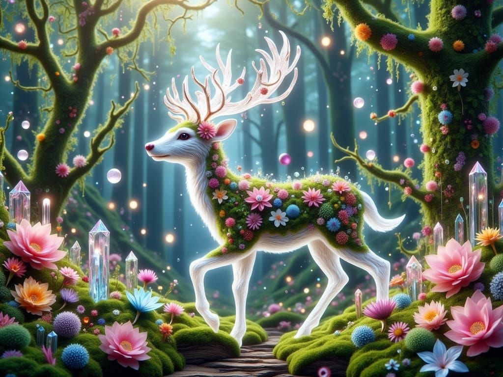 Enchanted Crystal Deer Ent in Vibrant Forest