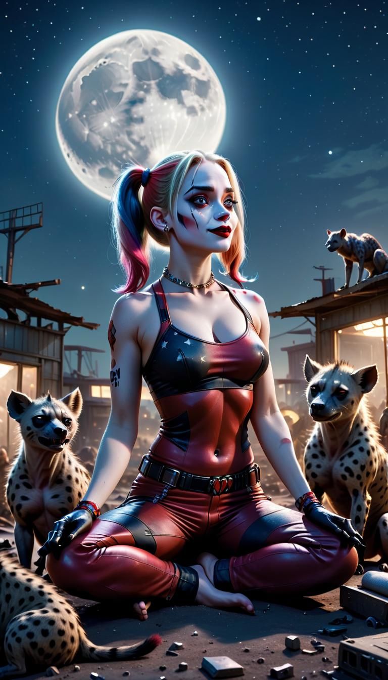 Harley Quinn Meditating with Hyenas Under Moonlight