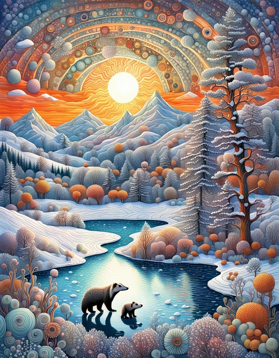 Badger Family in Snowy Zentangle Landscape