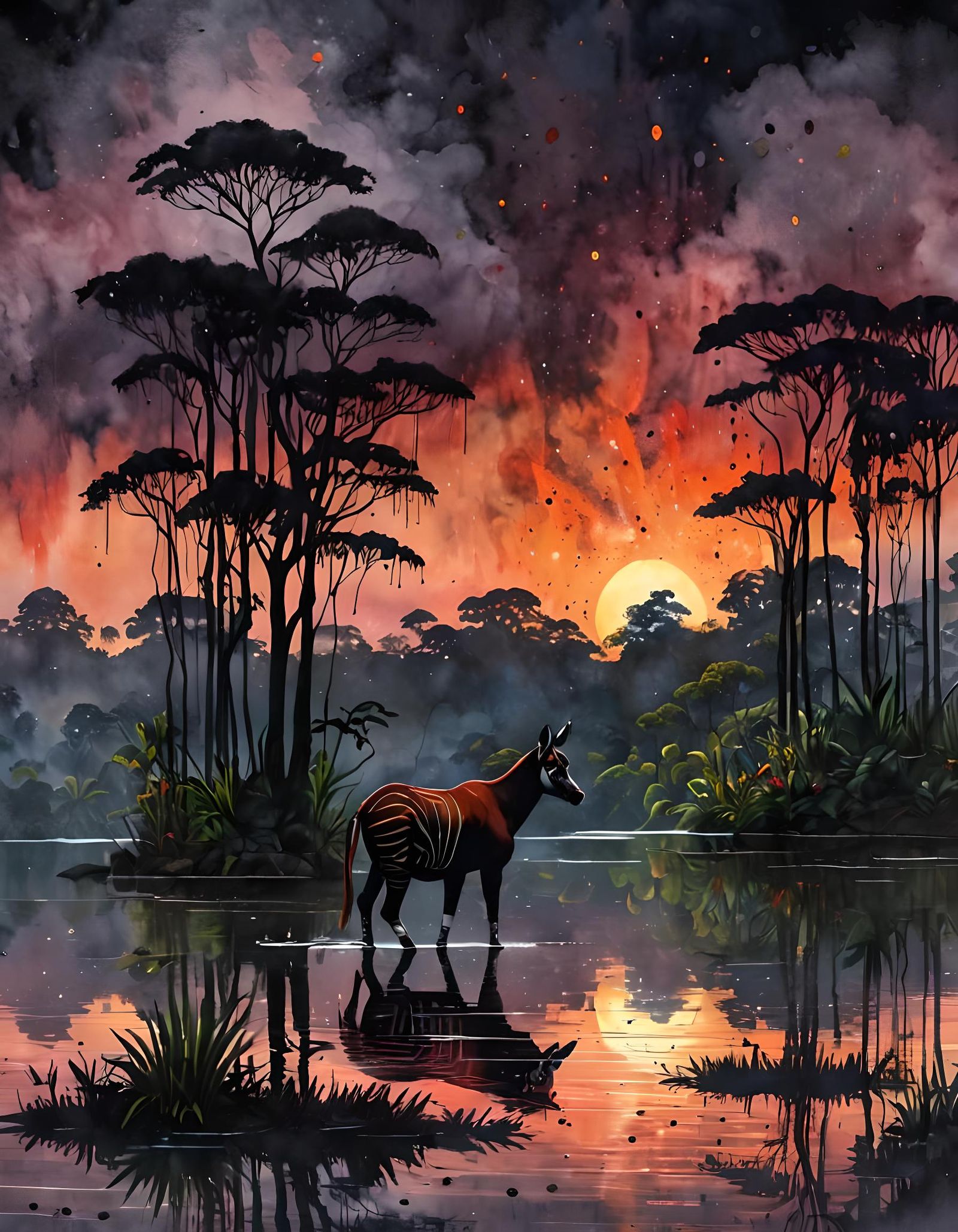 Okapi in Rainforest, Watercolor Metallic Ink Style