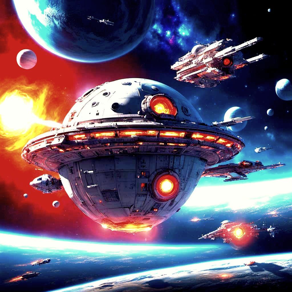 Futuristic Ball-Shaped Starship with Galaxy Background