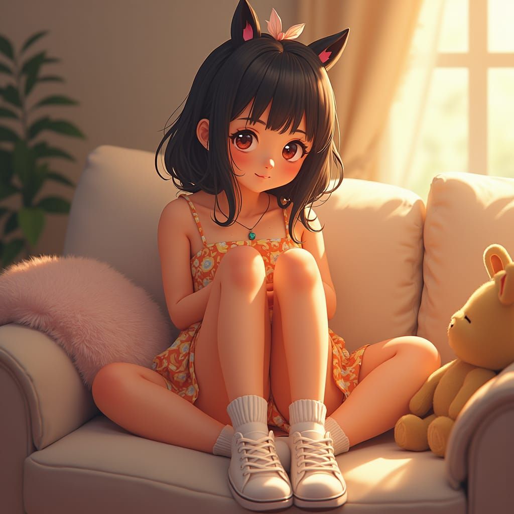 Whimsical Girl on Sofa in Akira Toriyama Style