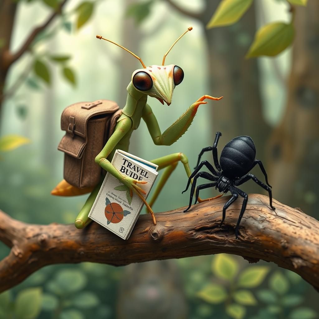 Mantis and Spider Friends in Miyazaki Style