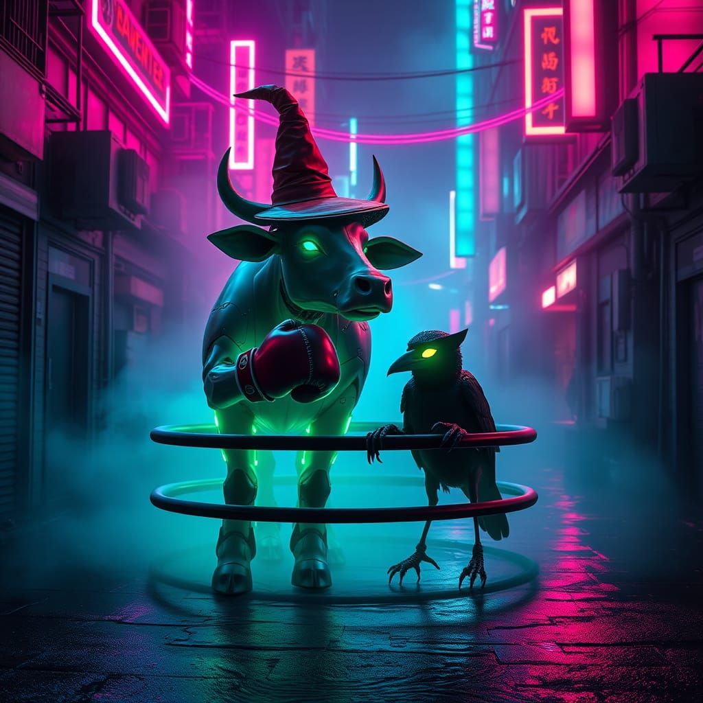 Cyberpunk Mecha Cow Boxing Match in Neon City