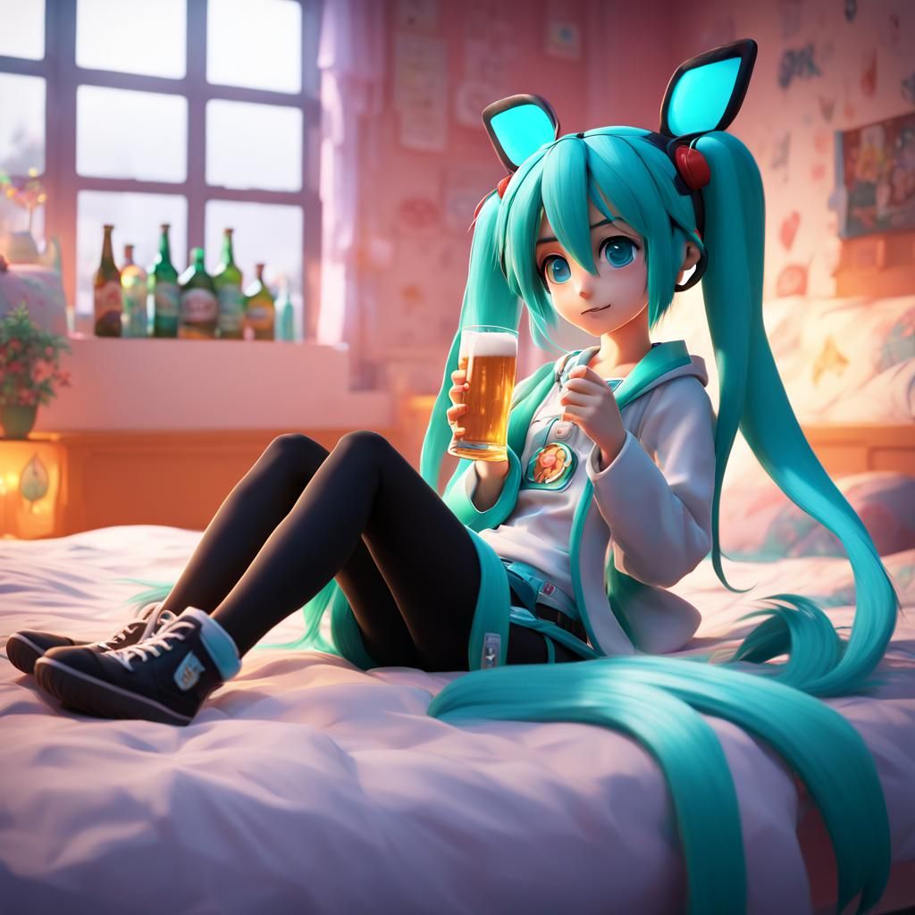 Hatsune Miku drinking beer in bed.