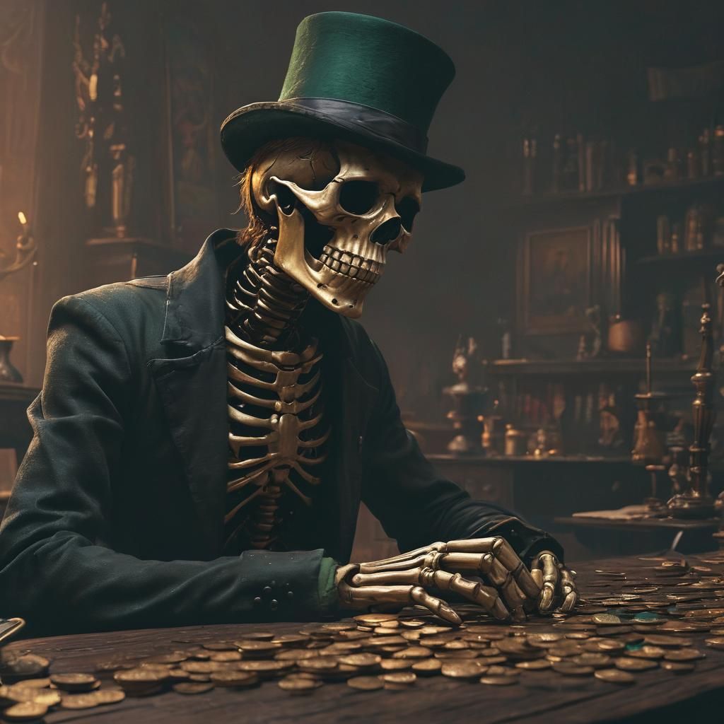 Ominous Skeleton Counting Gold Coins in Dark Fantasy