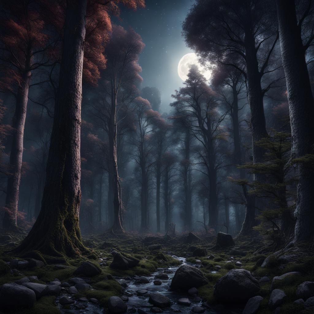 Moonlit Forest with Galaxy Sky: Fantasy Concept Art