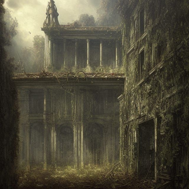 Abandoned Building with Overgrowth: A Matte Horror Painting