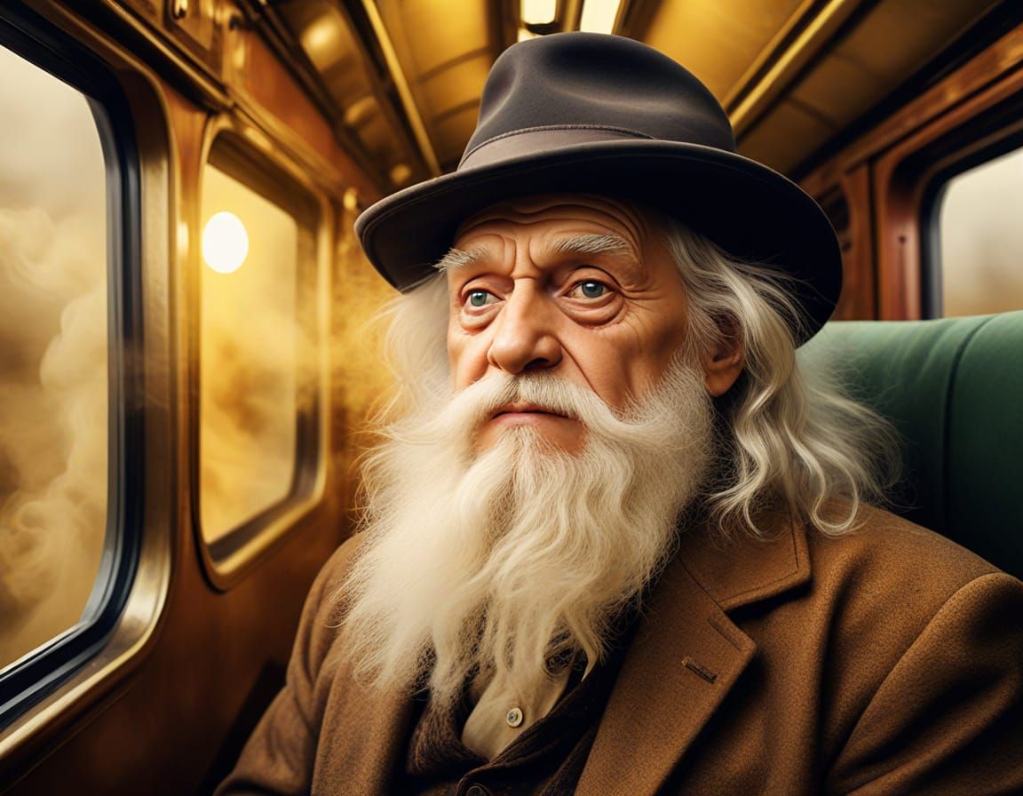 Surrealist Digital Art: Frantic Train Scene with Warm Golden...