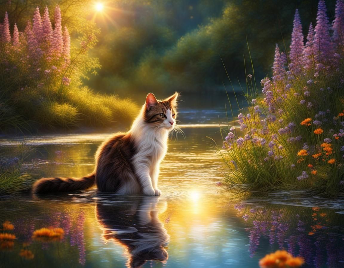 Cat by Sparkling River in Matte Painting Style