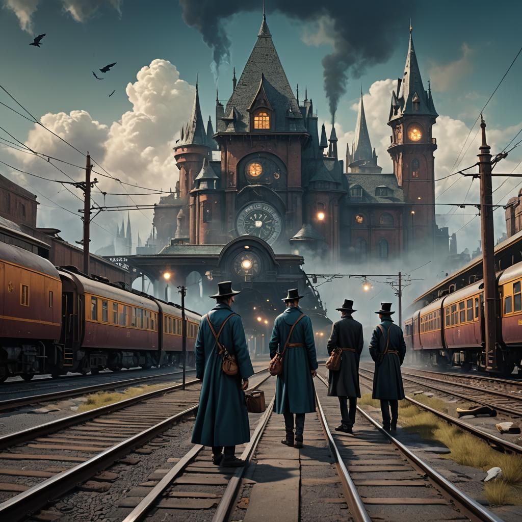Young Wizards at Train Depot in Surreal Matte Painting