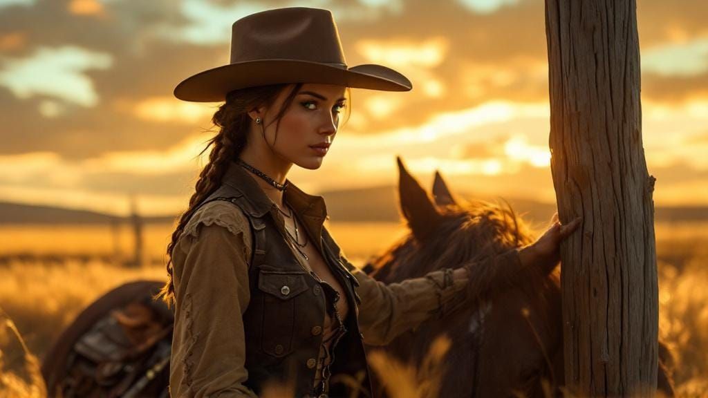 Cowboy and Cowgirl in Golden Sunset, Western Realism