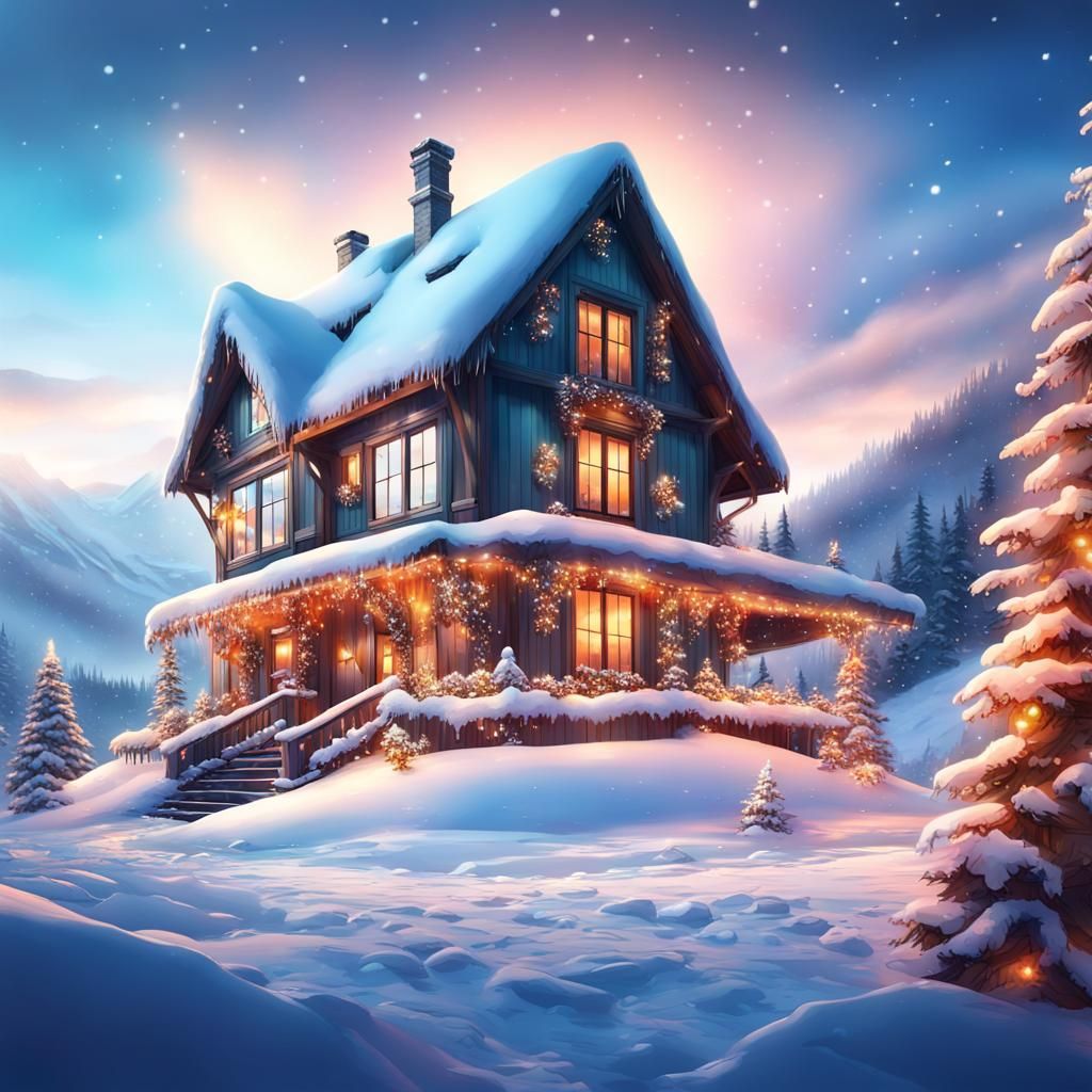 Magical Winter Christmas Home in Hyperrealistic Splash Art