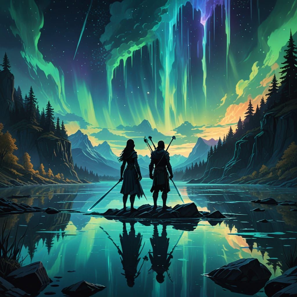 Couple Watching Aurora Over Crystal Lake