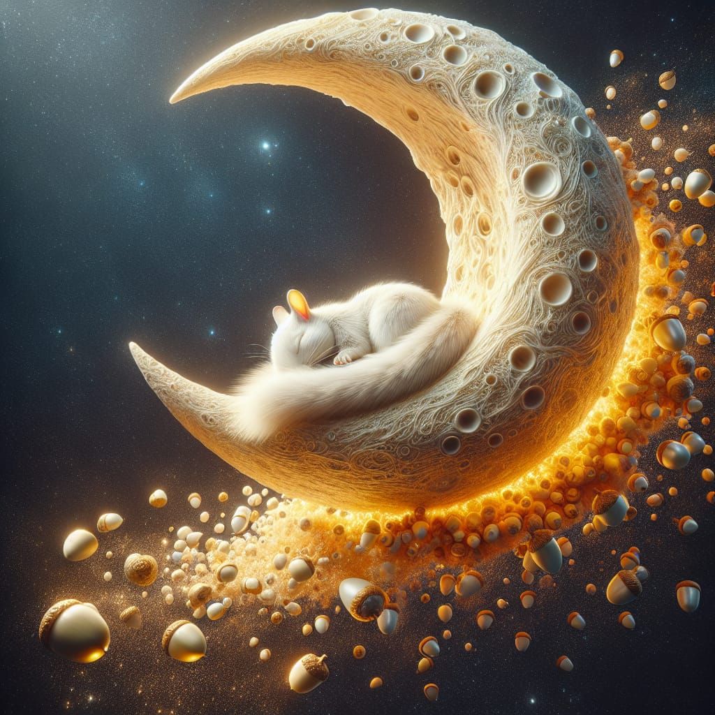 A Dreamy Fantasy Scene of a Squirrel on a Glowing Crescent M...
