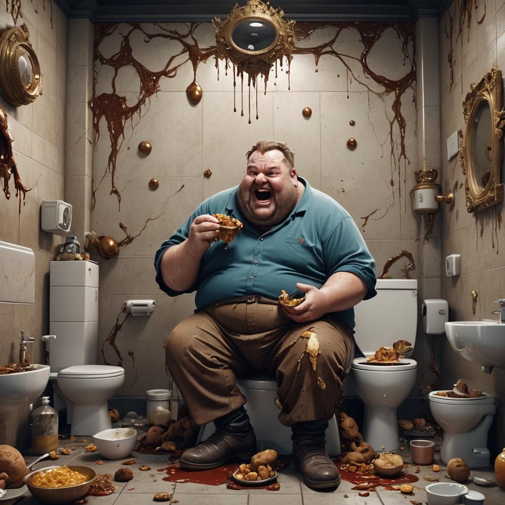 Detailed Matte Painting of Man Eating on Toilet