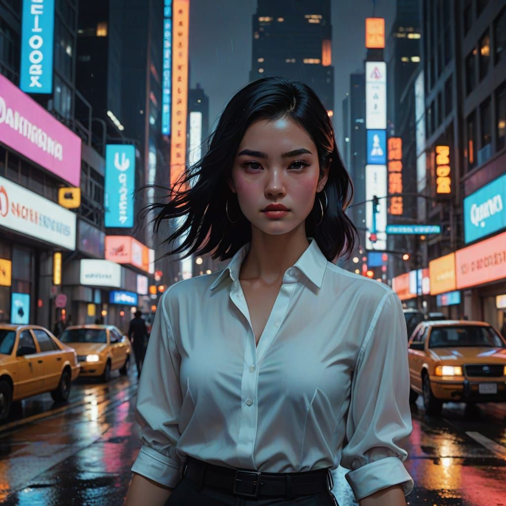 Elegant Futuristic Businesswoman Strolls through Neon Citysc...