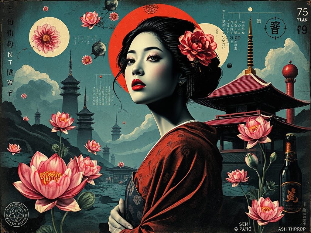 Surreal Noir Japanese Woman in Vintage Poster Style