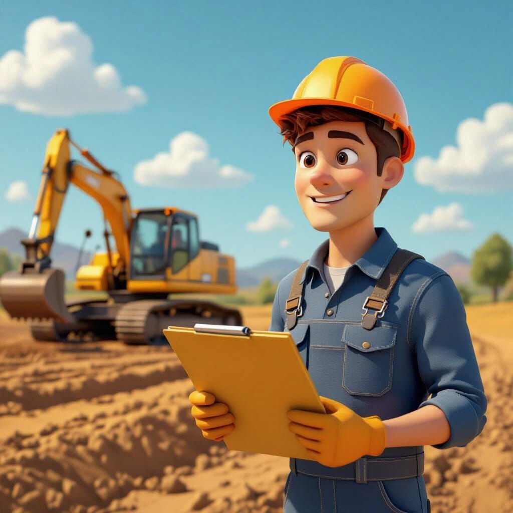 Young Worker in Blue Overalls Holds Folder in 3D Animated St...