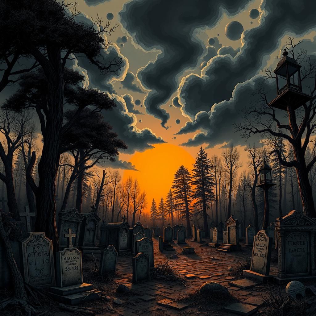 Chaotic Cemetery in Forest with Orange Sun