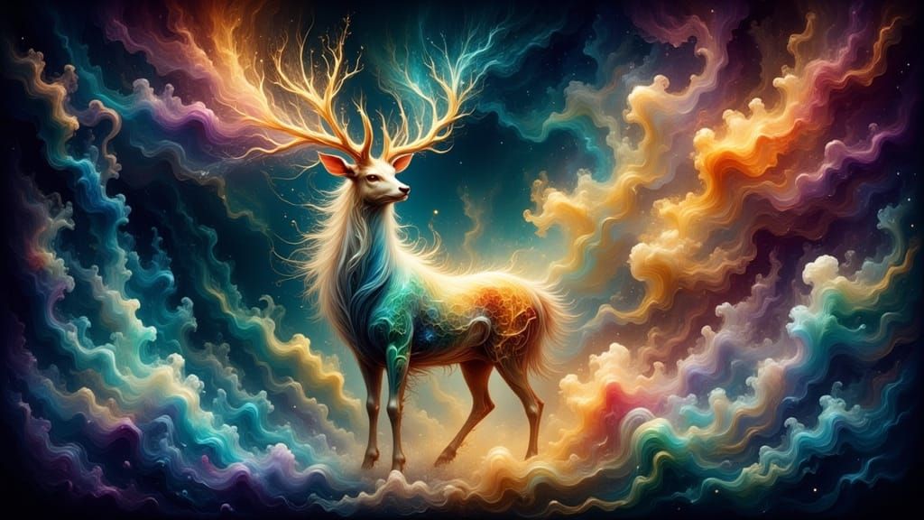 Stardust Deer in Haunted Forest: Surreal Cosmic Art