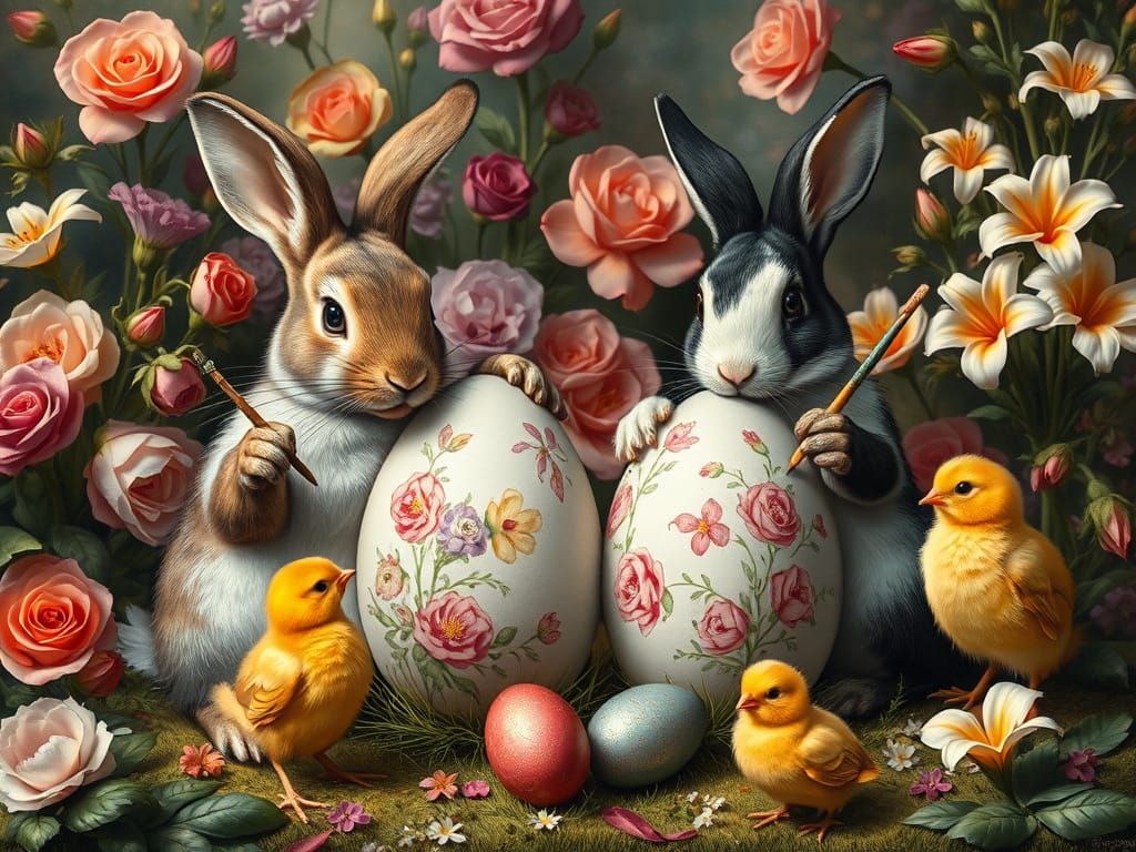 Rabbits and Chicks Painting Easter Eggs, Fairy Tale Illustra...