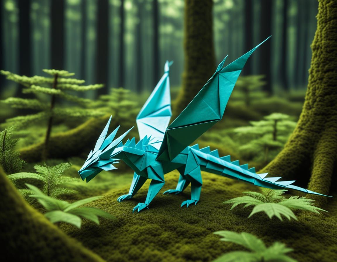 Origami Dragon Soars Over Paper Forest