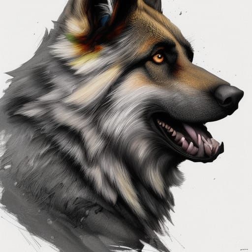German Shepherd Werewolf Portrait in Hyperdetailed Style