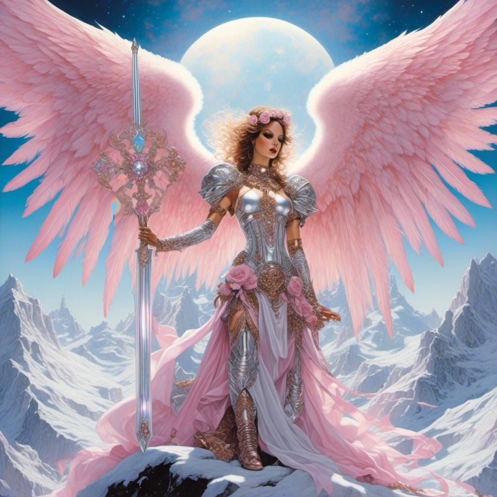Angel with Sword and Cross on Snowy Mountain