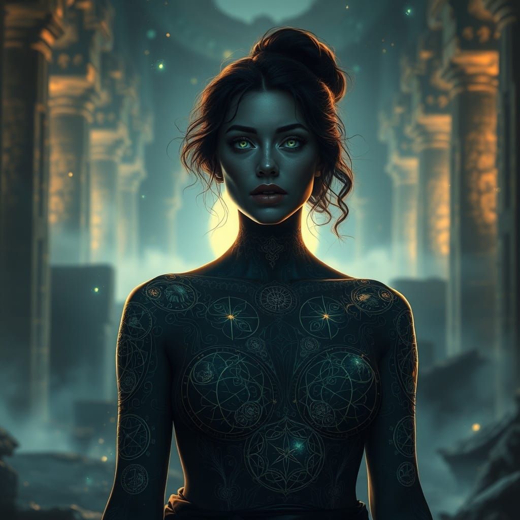 Mystical Woman with Celestial Tattoos in Ethereal Ruins
