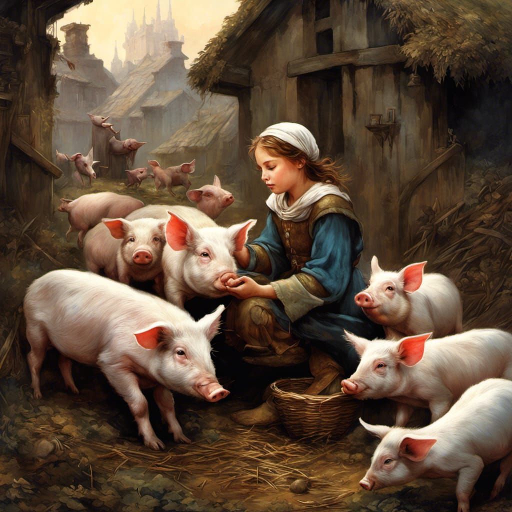 poor Medieval peasant girl feeding pigs