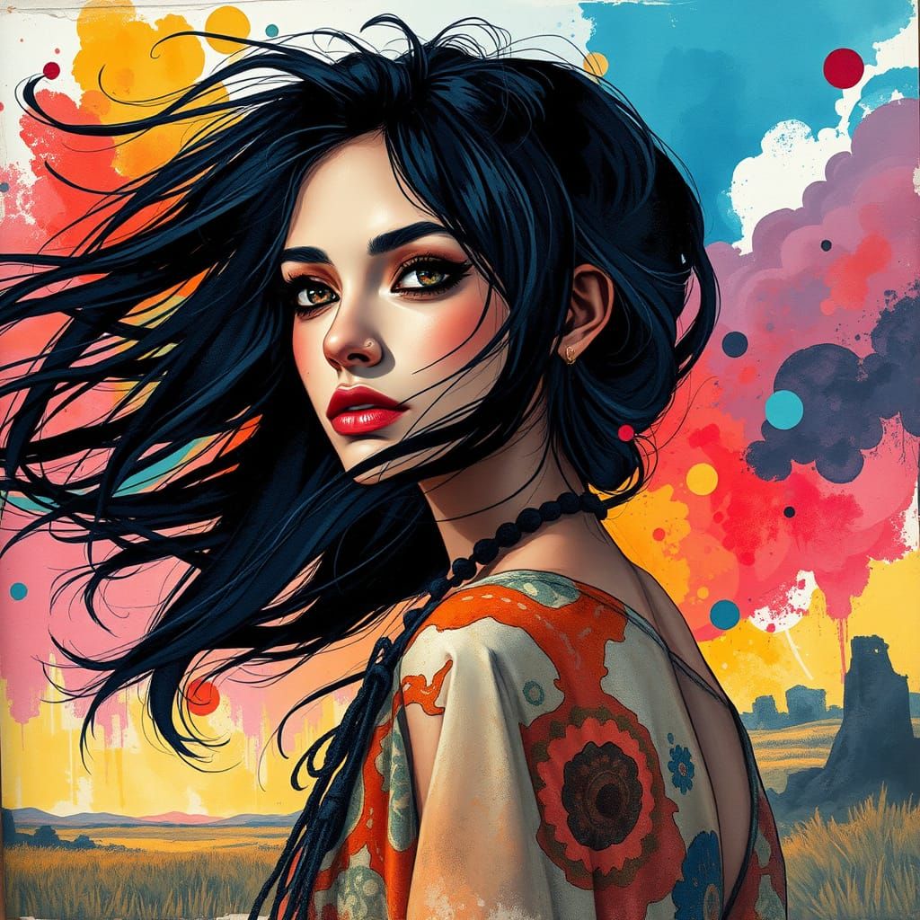 Bohemian Artist Before Canvas in Expressive Watercolor Style