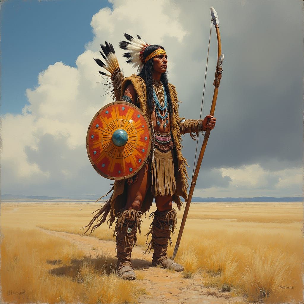 Lakota Warrior in Traditional Battle Regalia