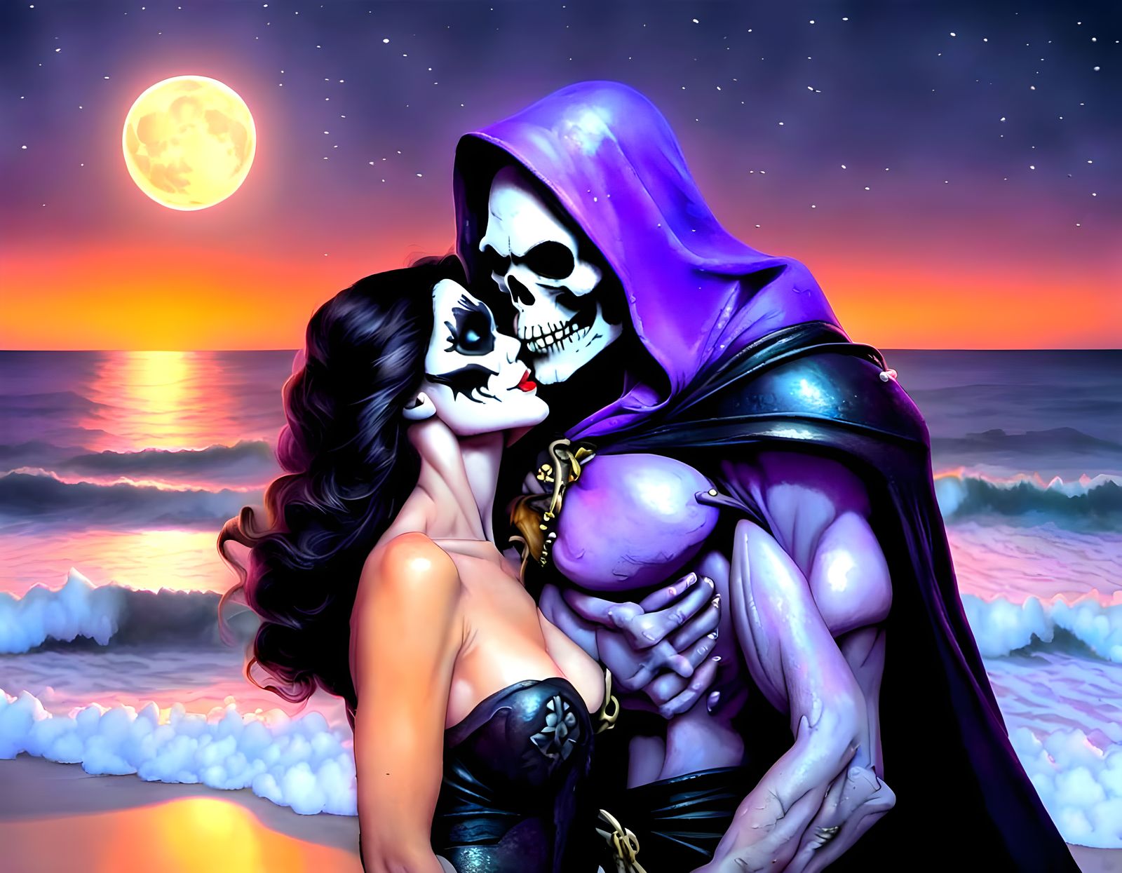 Skeletor Kisses Lady Death on Moonlit Beach