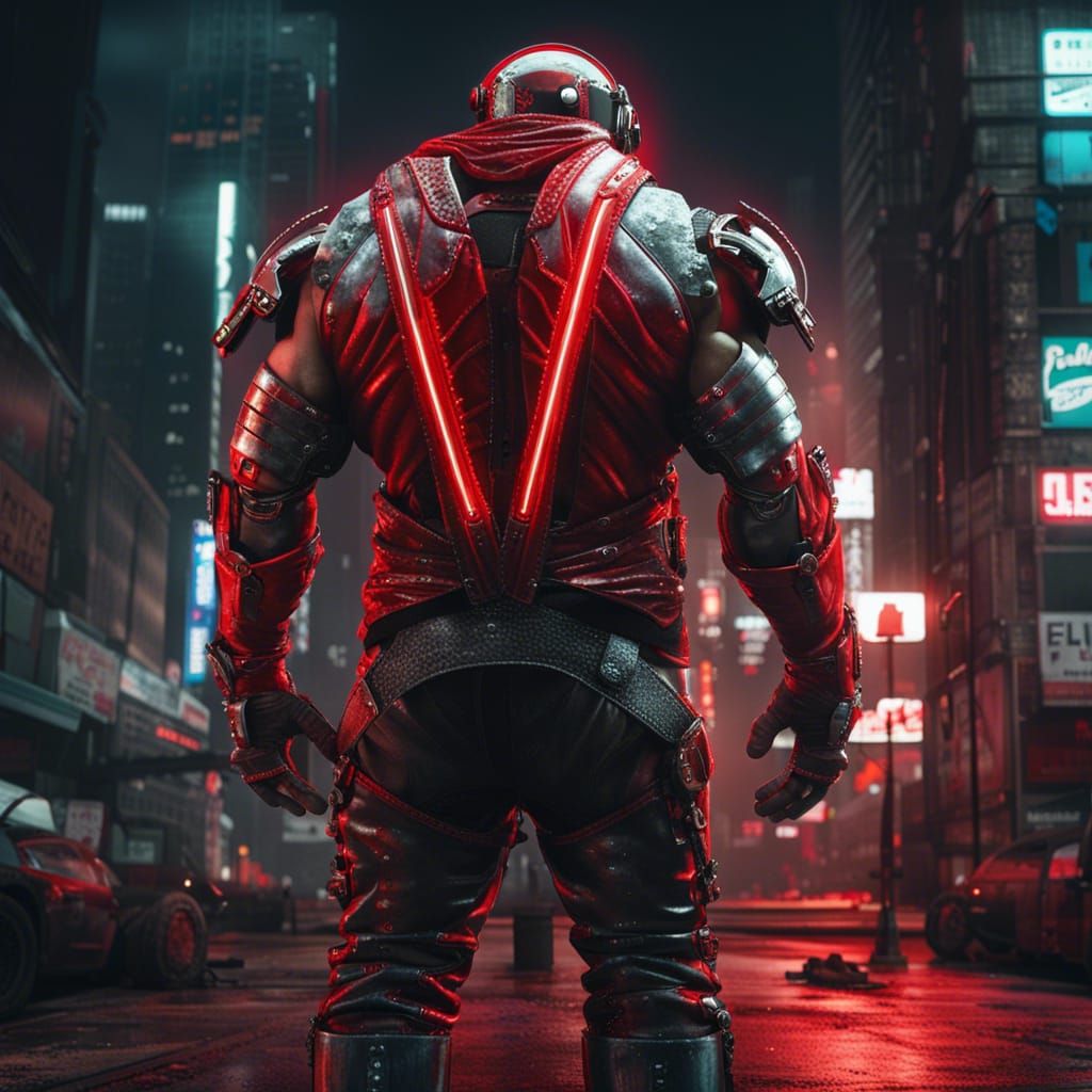 Cyberpunk Bodybuilder Flexing in Dystopian City