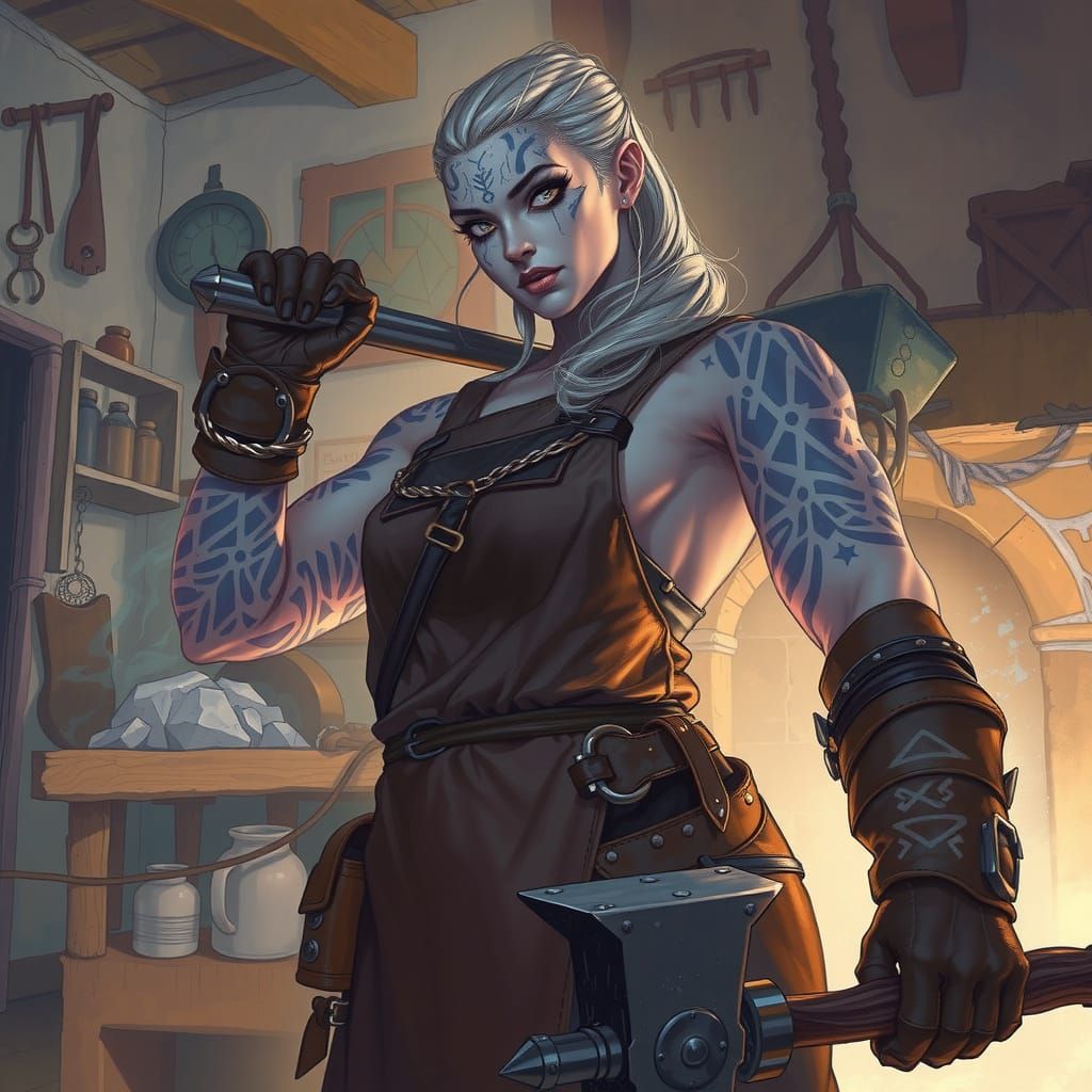 Hyper-Realistic Female Goliath Blacksmith in Johan Egerkrans...