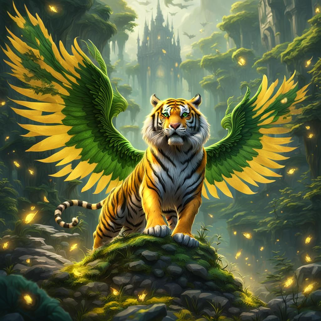 Winged Tiger with Green and Yellow Fur