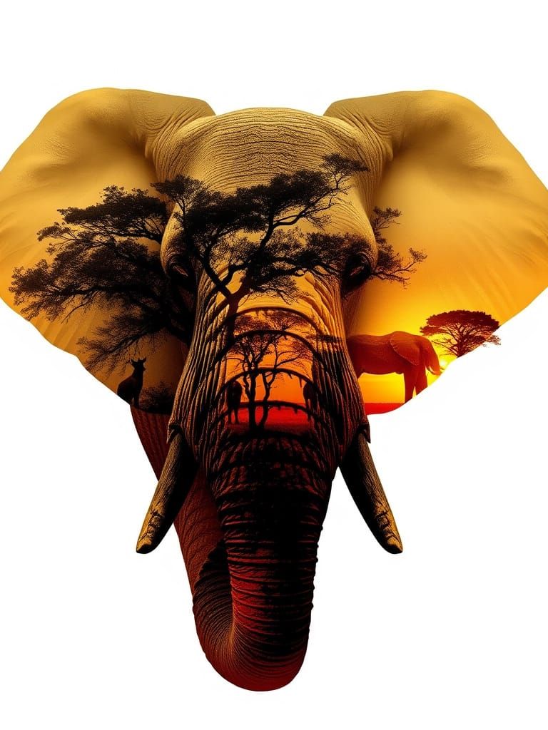 Elephant Silhouette with African Plains Double Exposure