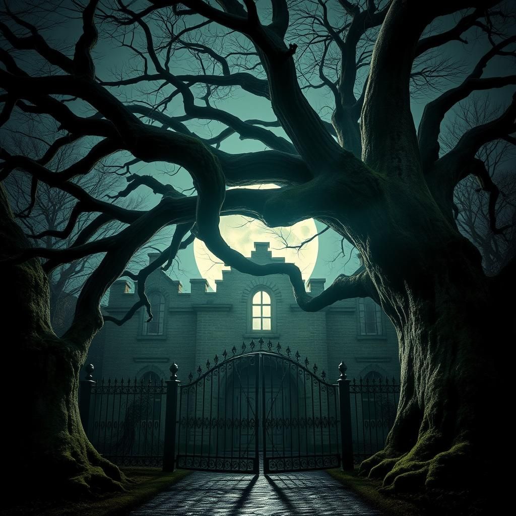 Creepy Manor House Door Under Full Moon