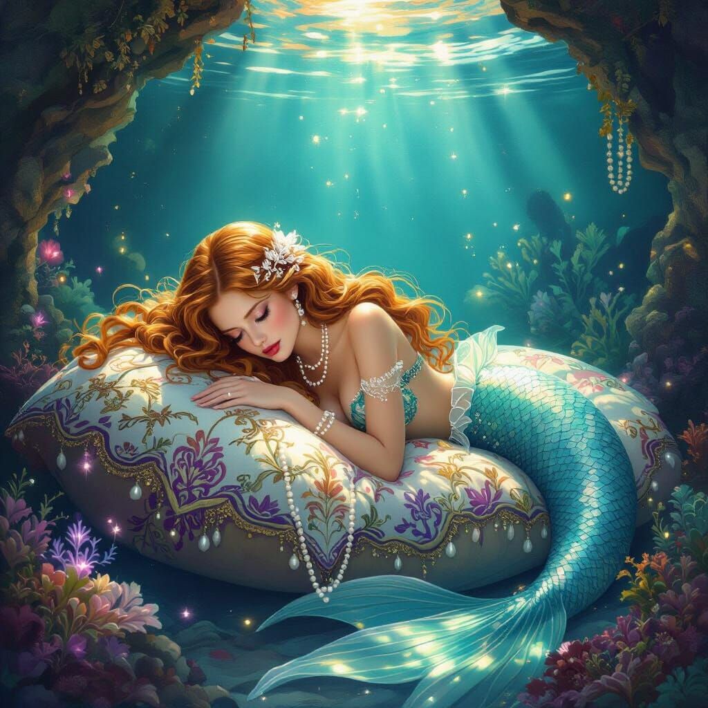 Taylor Swift as a Mermaid Sleeping on Ornate Pillow