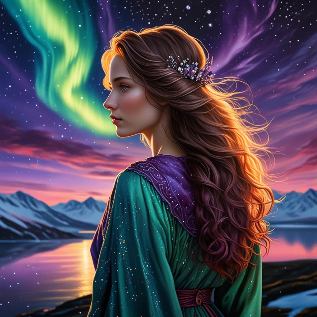 Celestial Woman in Arctic Night: An Impressionistic Oil Pain...