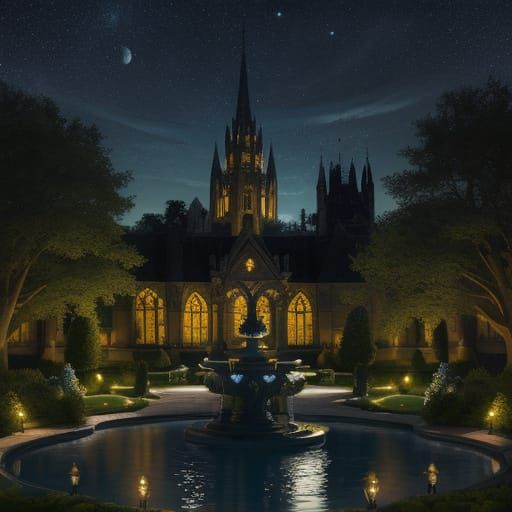 Moonlit Garden with Ornate Fountain in Hyperrealistic Style