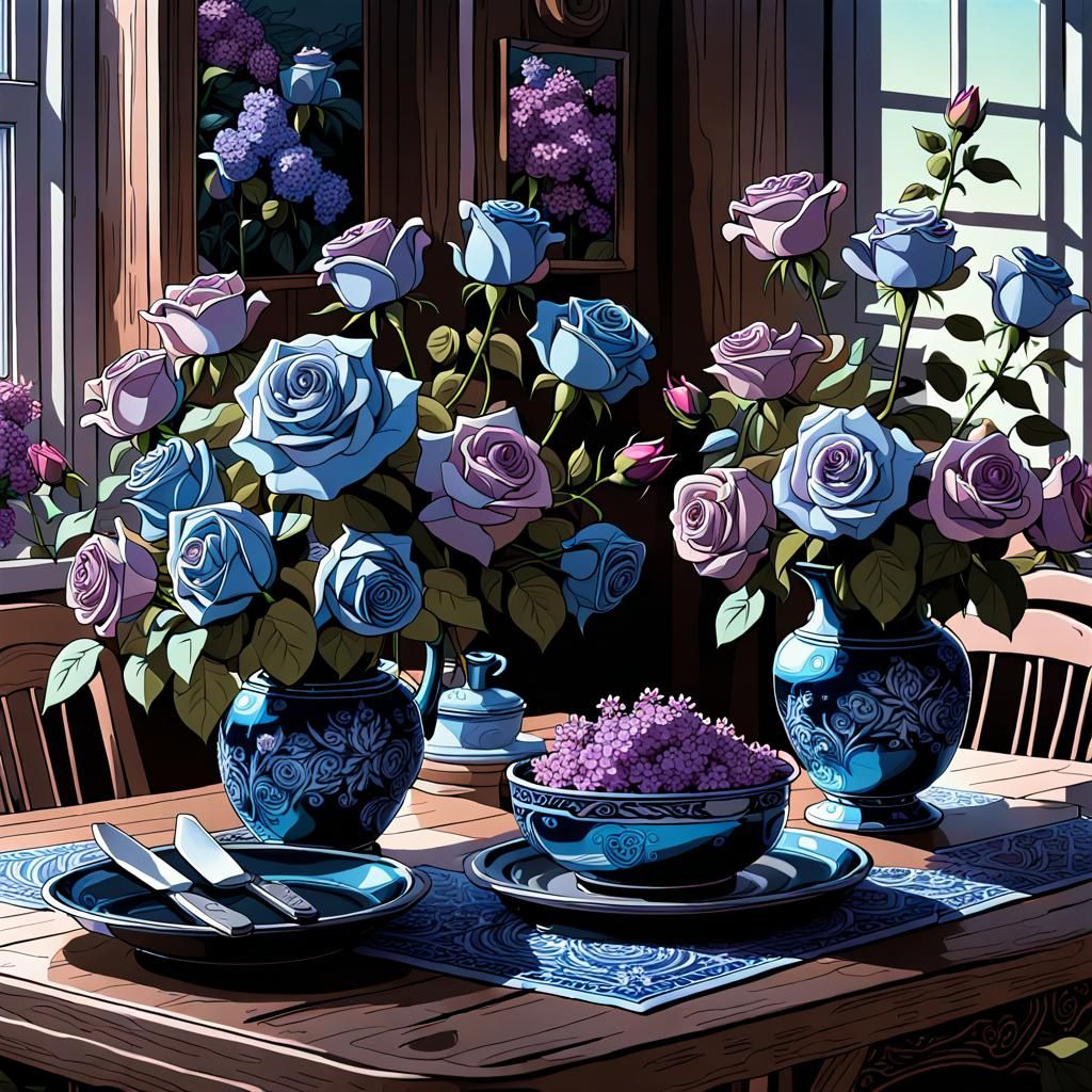 Cybernetic Roses and Lilacs in Cottage Kitchen