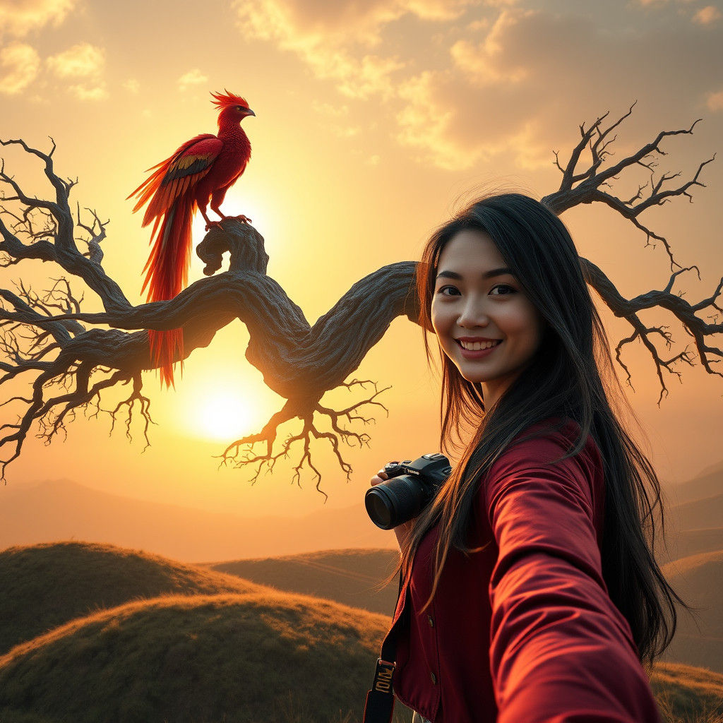Girl's Selfie with Phoenix in Fantasy Landscape