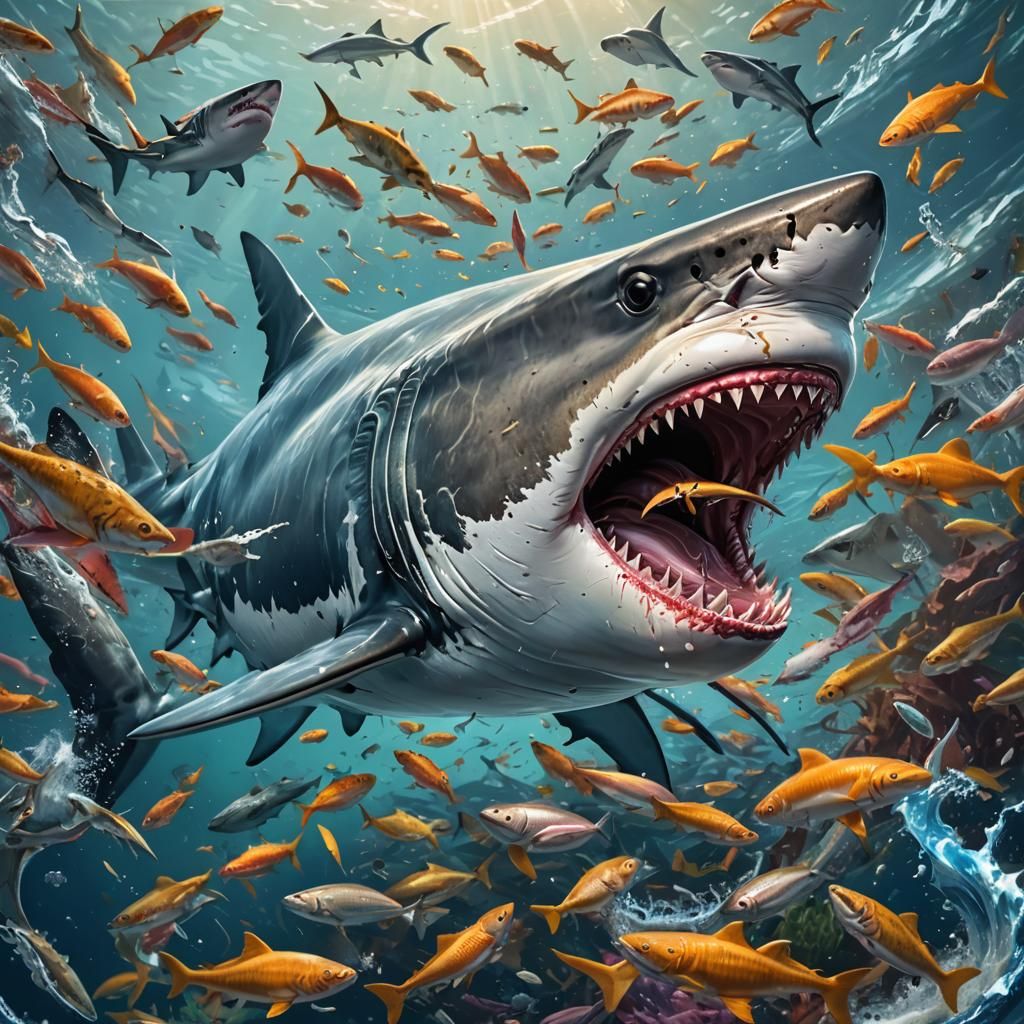 Hyperrealistic Shark Eats Fish in Busy Ocean
