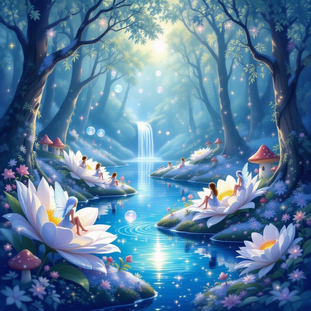 Magical Snow Fairy Kingdom with Giant Flowers and Crystal Wa...