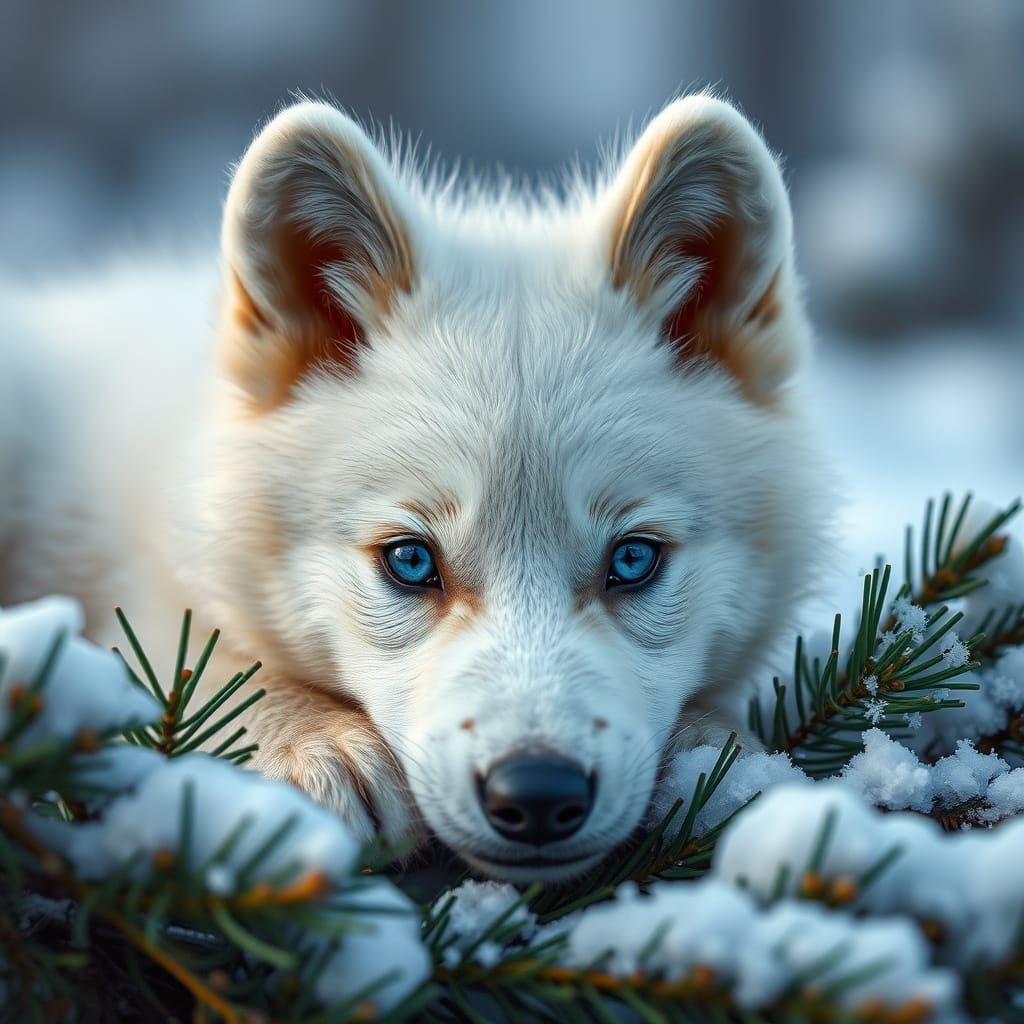 Hyperrealistic Macrophotography of White Wolf Pup