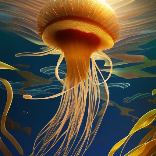 Straw Hat Jellyfish in Sunlit Water: Hyperdetailed Concept A...