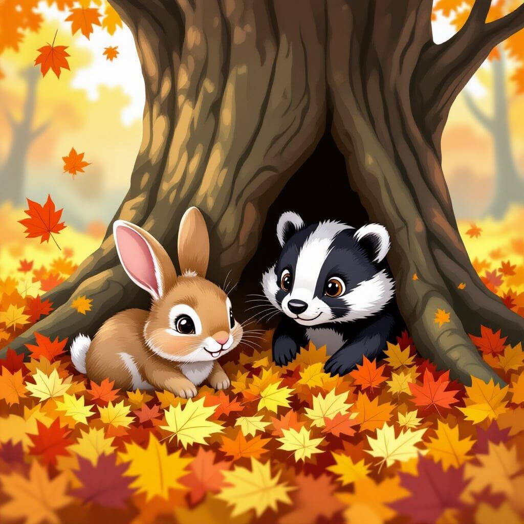 Rabbit and Badger Play in Autumn Leaves