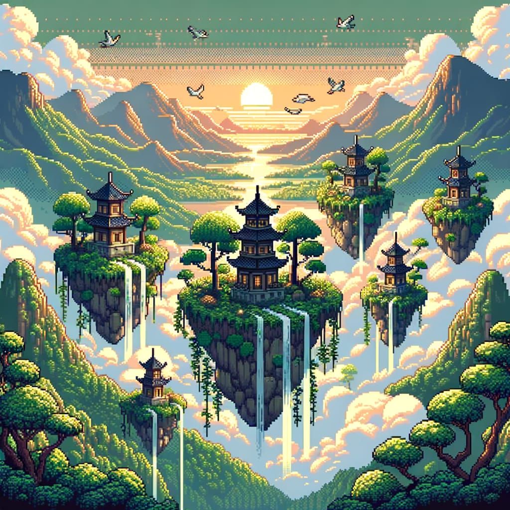 Pixel Art Floating Islands with Shrines at Dawn